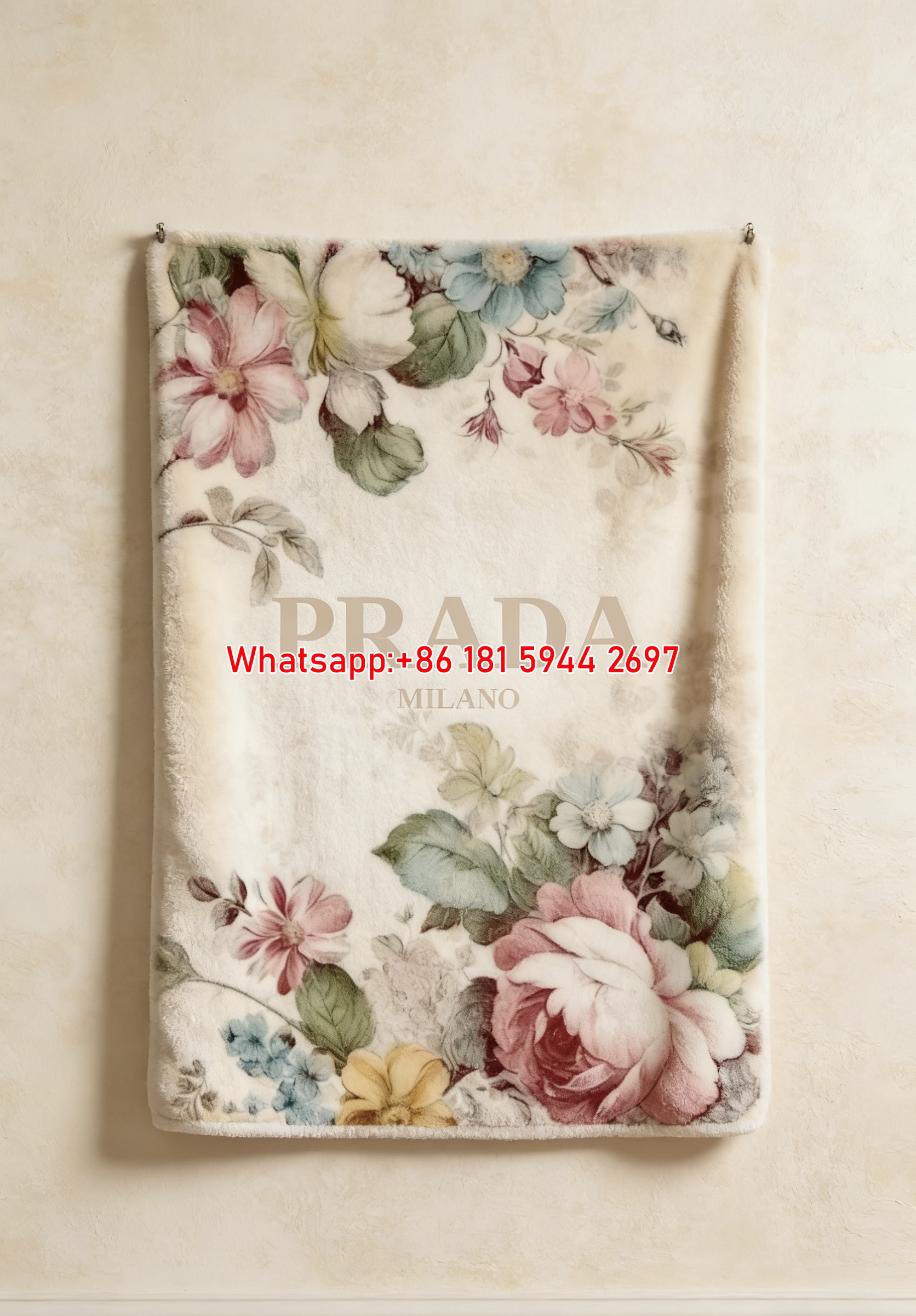 Prada Milano Vintage Floral Print Pink Green Beige Flannel Throw Blanket Luxury Designer Printed Sofa Cover Blanket IMG_2656